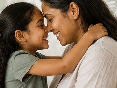 A mother and her daughter, foreheads touching